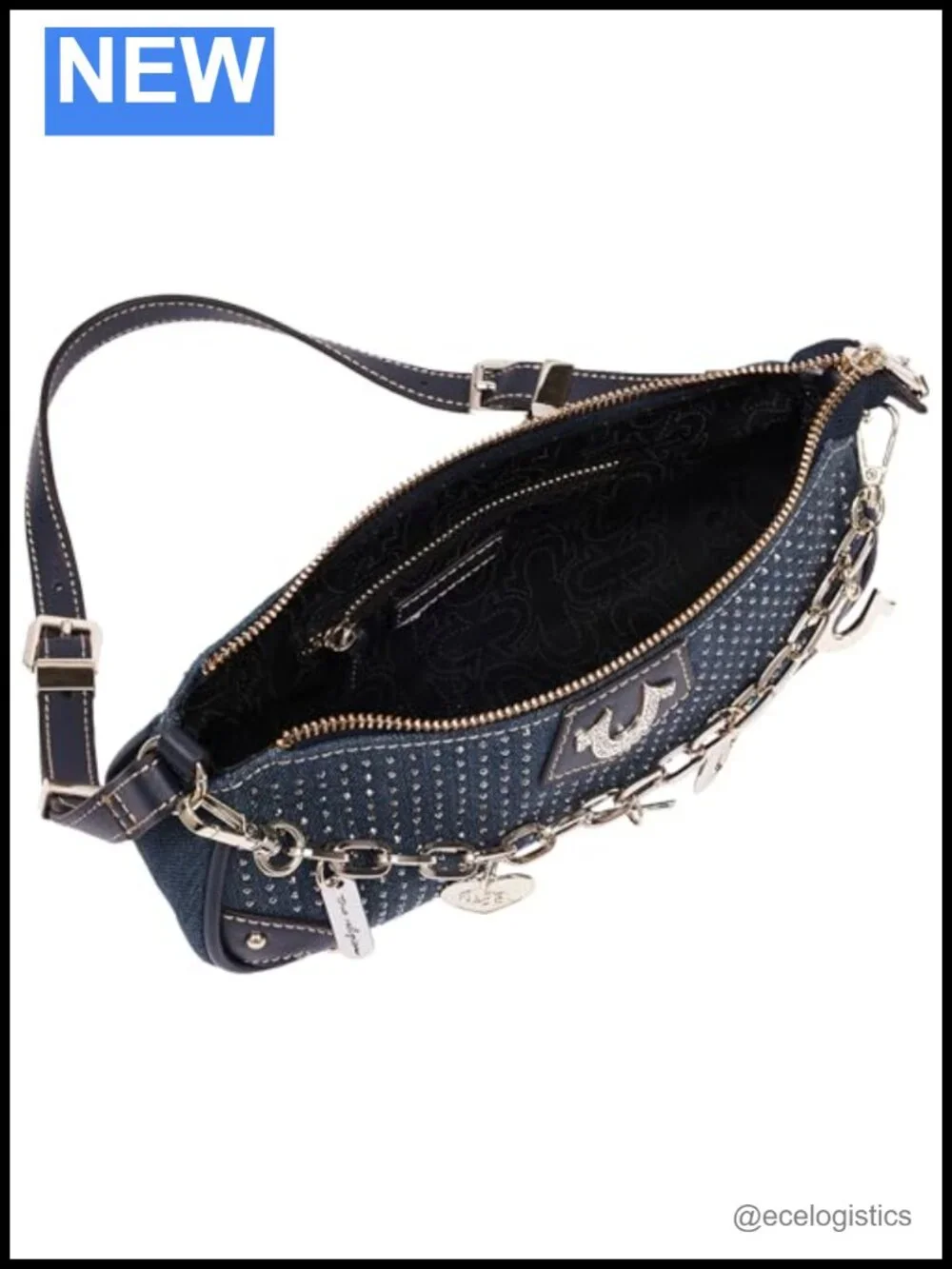 Rhinestone Studded Denim Shoulder Bag with Gold Hardware